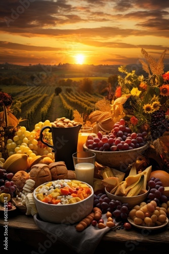 A rustic wood table with abundant fruits, vegetables, drinks, foods, wine, milk, bread, meat, cheese, nuts. Farm to table. Vineyard. vast sunset farm ranch. bonanza feast. export farm goods.
