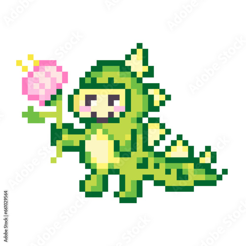 Pixel dragon with a flower for an application, game, website. A character from a plant store, a game, an application, a website