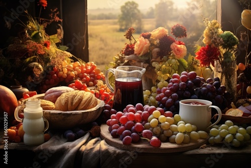 Agriculture, farm ranch bonanza. A rustic wood table with abundant fruits, vegetables, drinks, foods, wine, milk, bread, meat, cheese, nuts. Farm to table.