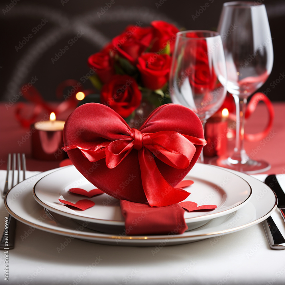 Valentines day table setting with red ribbons. Valentines day table setting with red ribbons.