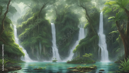 An oil painting of a tranquil lake and waterfall embraced by a lush jungle - AI Generative