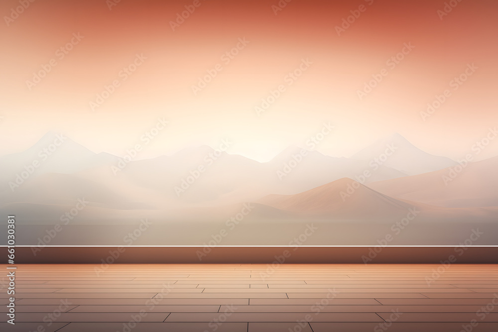 Misty mountains with an orange hue behind a serene wooden platform horizon