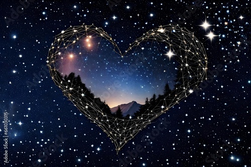 Generate a picture of a starry night sky with stars forming a heart constellation