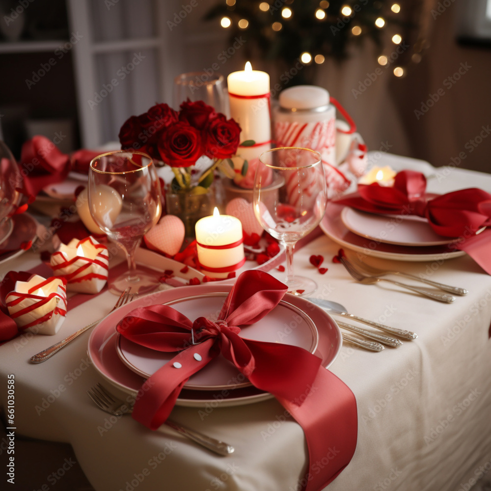 Valentines day table setting with red ribbons. Valentines day table setting with red ribbons.