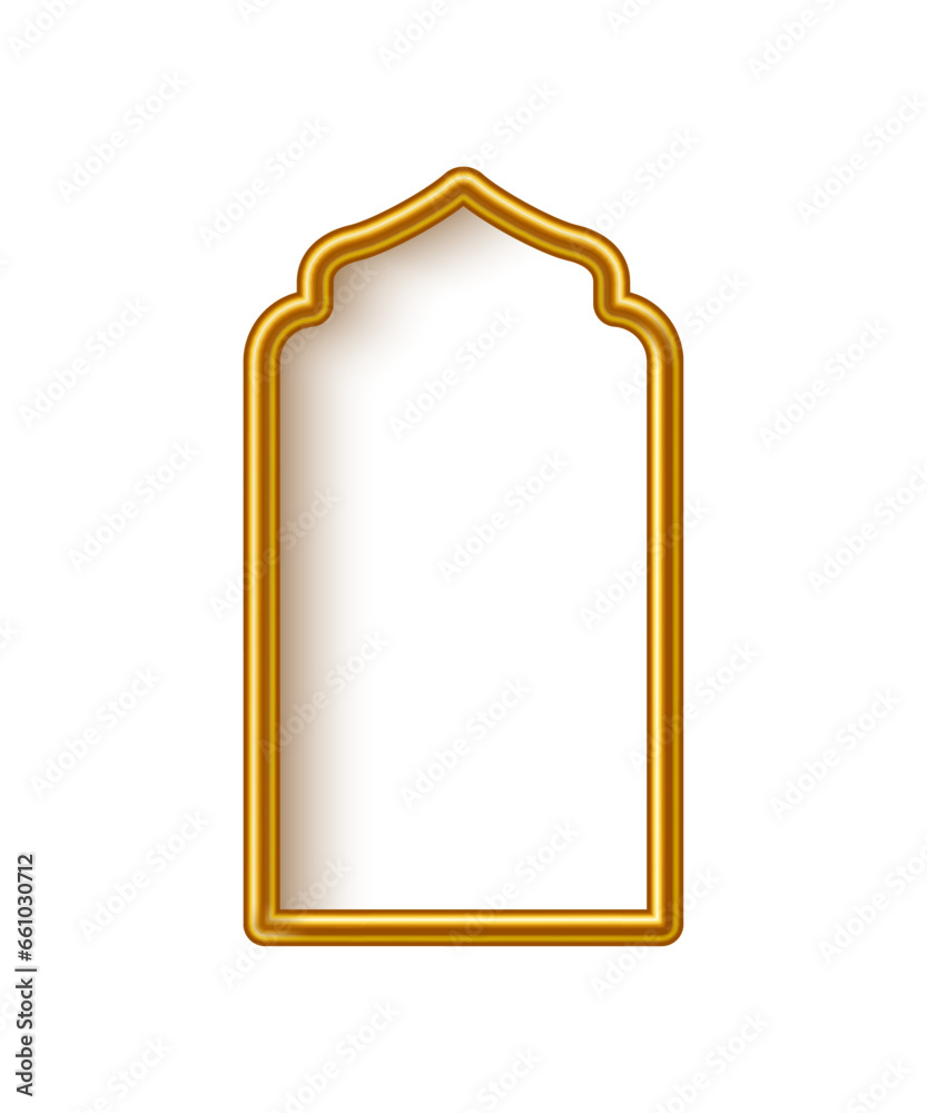 Arabic gold arch with shining lights inside isolated on white background. 3D islam window architecture shape for muslim holidays, design element door, golden tube frame. Realistic vector illustration Arabic gold arch with shining lights inside isolated on white background. 3D islam window architecture shape for muslim holidays, design element door, golden tube frame. Realistic vector illustration