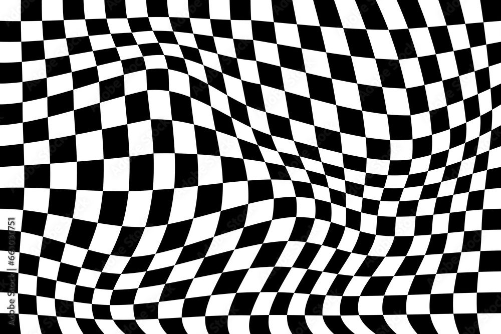 Black and white checker pattern vector illustration. Wave abstract checkered chessboard or checkerboard for game, grid with geometric square shape, race or rally flag and mosaic floor tile - obrazy, fototapety, plakaty 