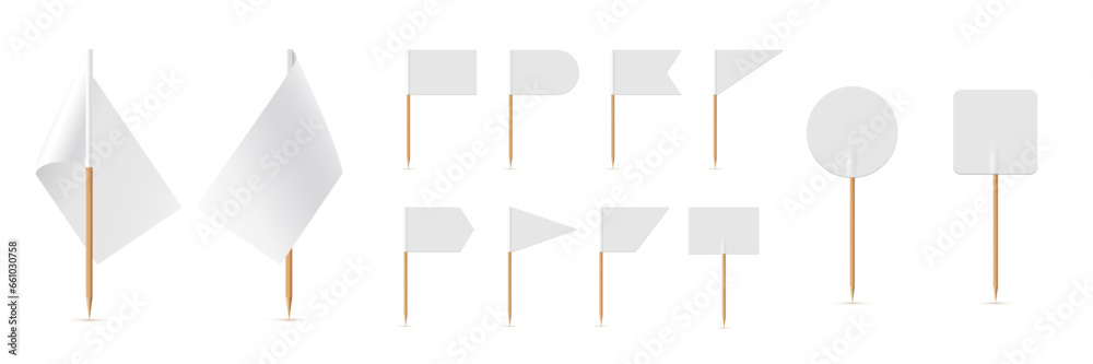 White small flags on toothpicks set vector illustration. 3D realistic blank flags of different shapes on wooden sticks, empty round triangular rectangle mini decorative pennants for food collection
