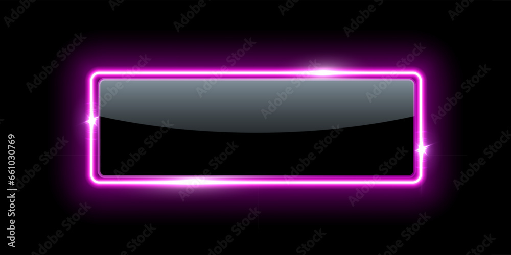 Glowing neon purple light frame with sparkles in black background. Electric led abstract banner. Geometric fashion design vector illustration. Empty minimal art decoration - obrazy, fototapety, plakaty 