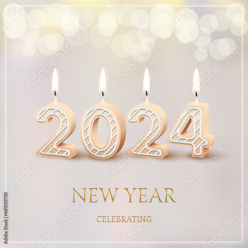 2024 New Year and Merry Christmas holiday party celebrating, 2024 candle numbers with fire. Candlelight beige decor with bokeh and blur for romantic celebration. Greeting card vector illustration