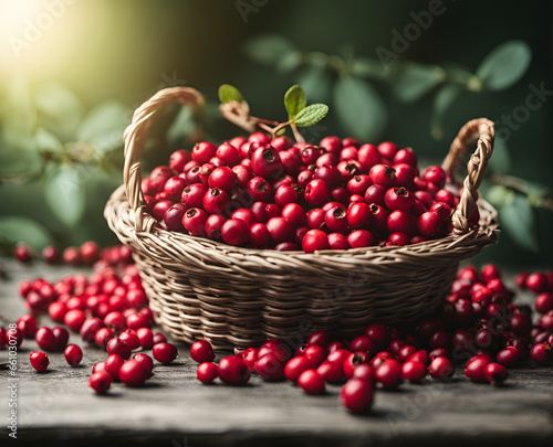 Ripe appetizing cowberry berries in an overflowing basket