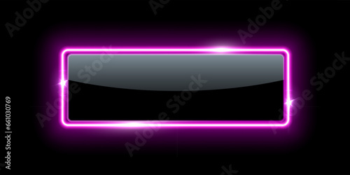 Glowing neon purple light frame with sparkles in black background. Electric led abstract banner. Geometric fashion design vector illustration. Empty minimal art decoration