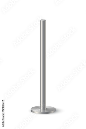 3d metal pole signpost on base vector illustration. Realistic grey steel, iron or chrome pillar with polished surface, vertical different diameter cylinder pipe holders for board or flag