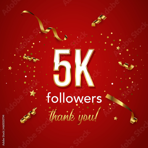 5k followers celebration vector banner. 3d social media achievement square poster. Five thousands followers thank you lettering. Golden sparkling confetti ribbons. Shiny gratitude text