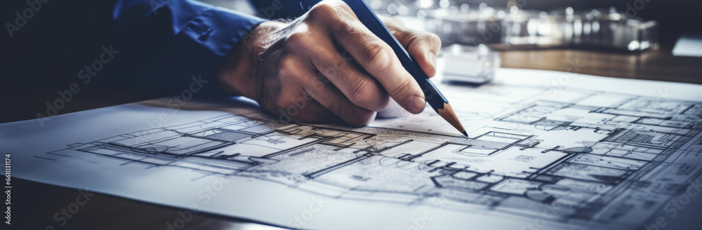 Close up man hand working of Architect sketching project on blueprint at site construction work. Concept of architect, engineer in the office desk construction project banner Close up man hand working of Architect sketching project on blueprint at site construction work. Concept of architect, engineer in the office desk construction project banner
