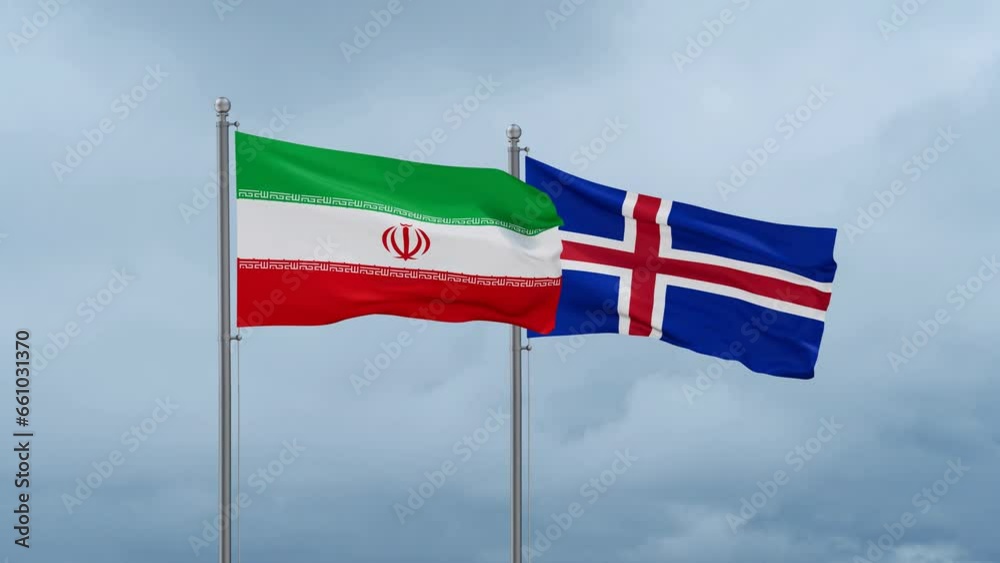 Iceland and Iran flag waving together on cloudy sky, endless seamless loop, two country cooperation concept Iceland and Iran flag waving together on cloudy sky, endless seamless loop, two country cooperation concept