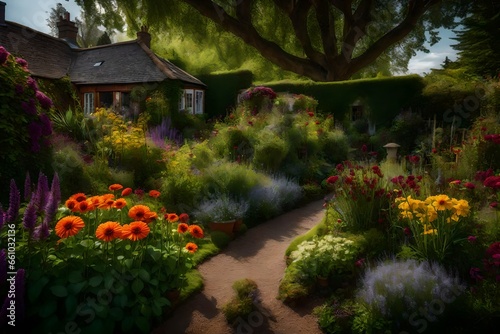 Garden with flowers for colouring and a small cottage - AI Generative