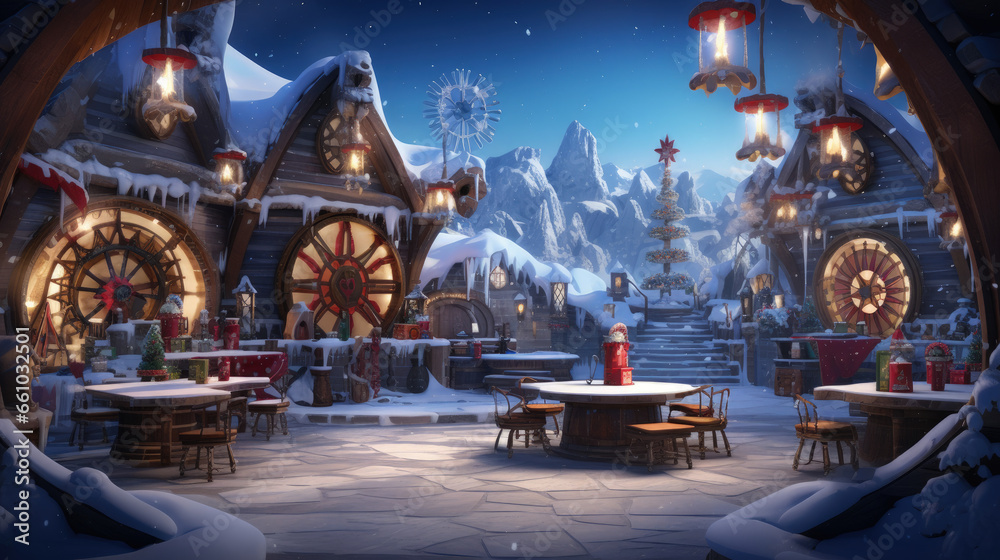 A captivating painting of a magical North Pole winter wonderland, showcasing Santa's grotto, enchanting castles, snow-covered mountains, and festive feasts A captivating painting of a magical North Pole winter wonderland, showcasing Santa's grotto, enchanting castles, snow-covered mountains, and festive feasts