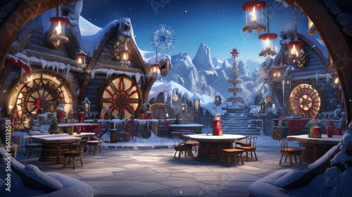 A captivating painting of a magical North Pole winter wonderland, showcasing Santa's grotto, enchanting castles, snow-covered mountains, and festive feasts