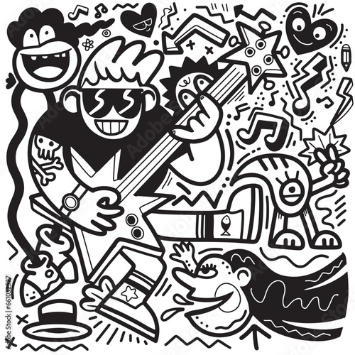 black and white doodle of a man with a guitar  in the style of playful characters  Illustration Vector