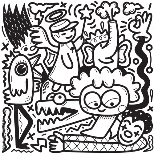 Doodle, black and white drawing of various cartoon people, in the style of playful mythology