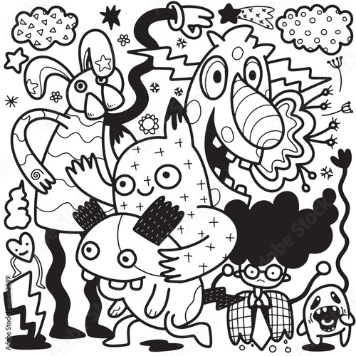 Fototapeta Naklejka Na Ścianę i Meble -  Doodle, black and white drawing of a drawing of cartoon characters, in the style of psychedelic neon
