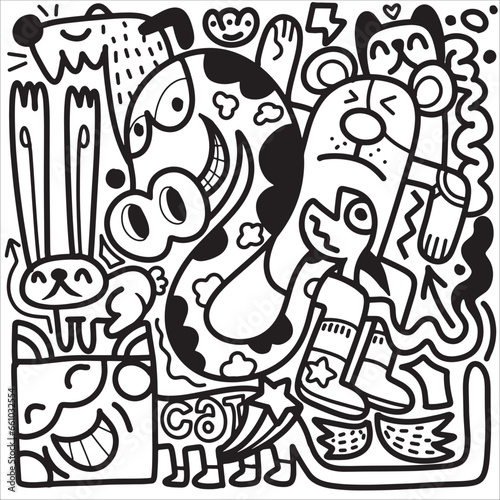 Doodle  black and white drawing of a drawing of cartoon characters  in the style of psychedelic neon  kawaii  colorful cartoon  Illustration Vector