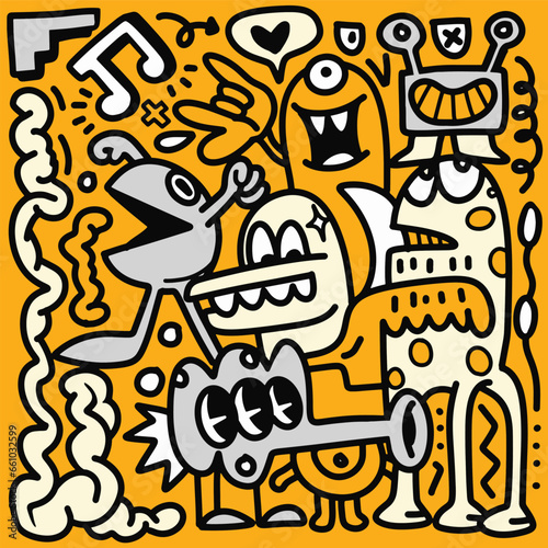 Doodle, illustration of cartoon monsters and cartoons on an yellow background, in the style of black and white abstraction, joyous figurative art