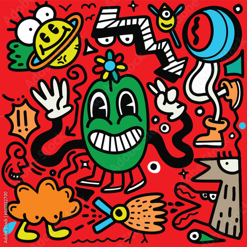 Doodle  hand drawn illustration of colorful cartoon characters  in the style of psychedelic absurdism  bold outlines