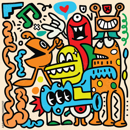 Doodle, hand drawn illustration of colorful cartoon characters, in the style of psychedelic absurdism, bold outlines