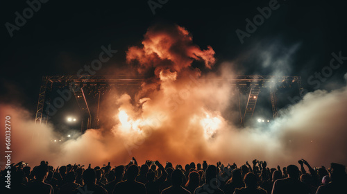 he thick smoke from the smoke machines engulfs a nighttime concert, creating an atmospheric and electrifying experience.