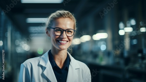 Laboratory worker, educated women carrying out research, portrait of a woman in a scientist's outfit
