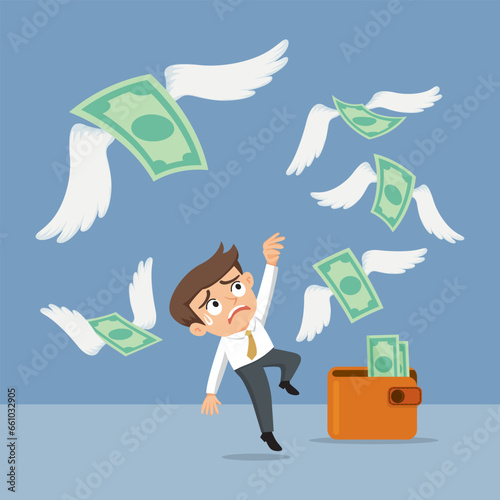 Businessman losing his money fly away, illustration, vector, cartoon, EPS 10.  