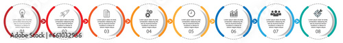 infographic template design, minimalist concept, interconnected circles with 8 steps, lines and colors in each step, good for your business presentation