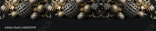Golden and black baubles with ribbon decoration for backdrop and banner for party, design for greeting card for New year, Merry Christmas. photo