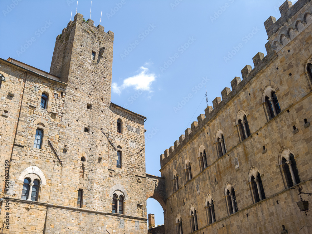 Tuscany, Volterra town skyline, church and panorama view.
