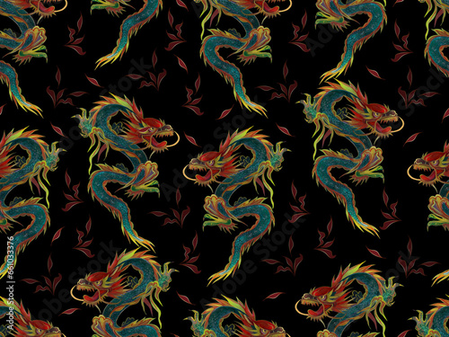 Seamless pattern with dragons. Watercolor image of a mythical dragon on a dark background. A hand-drawn drawing.