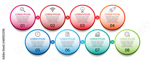 infographic template design, minimalist concept, interconnected circles with 8 steps, lines and colors in each step, good for your business presentation