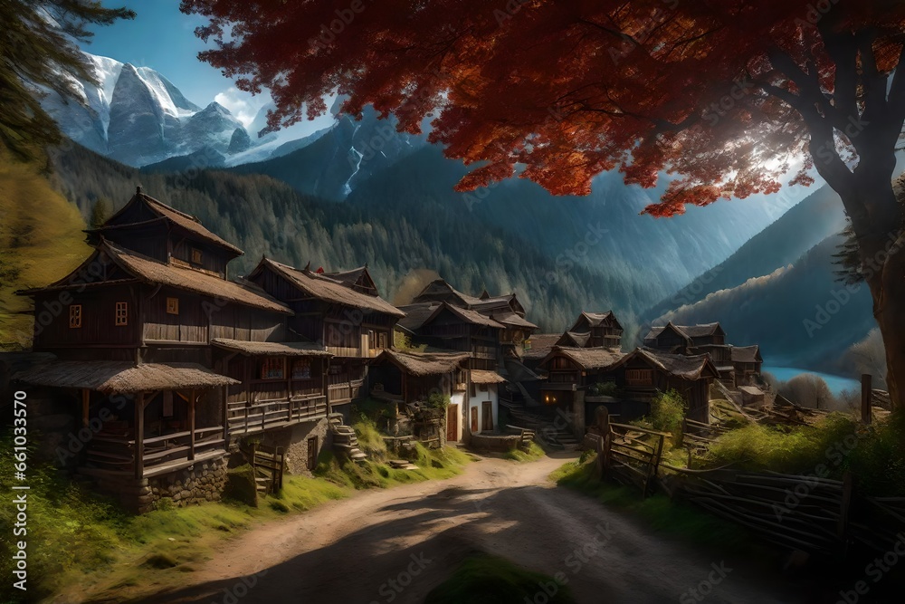 Masterpiece, best quality, ultra-detailed, realistic, no humans, scenery, fantasy, village - AI Generative