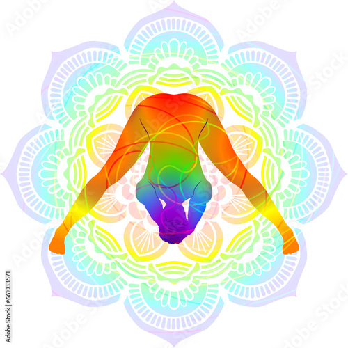 Colorful silhouette of Prasarita Padottanasana C. Wide Legged Forward Bend 3 pose. Isolated vector illustration on Mandala background.