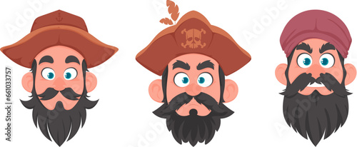 Set of various faces of pirates and robbers. Cartoon style