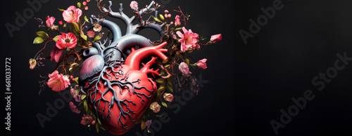 heart overgrown with roots and flowers, with copy space
