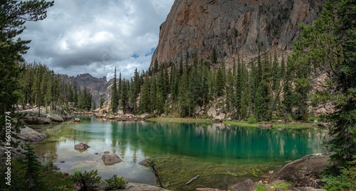 a mountain lake surrounded by tall pine trees and green rocks