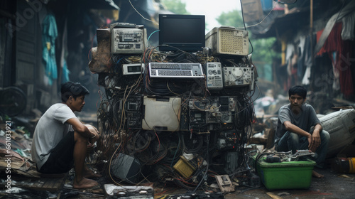 illustration of electronic waste dumped in third-world countries. Environmental injustice concept