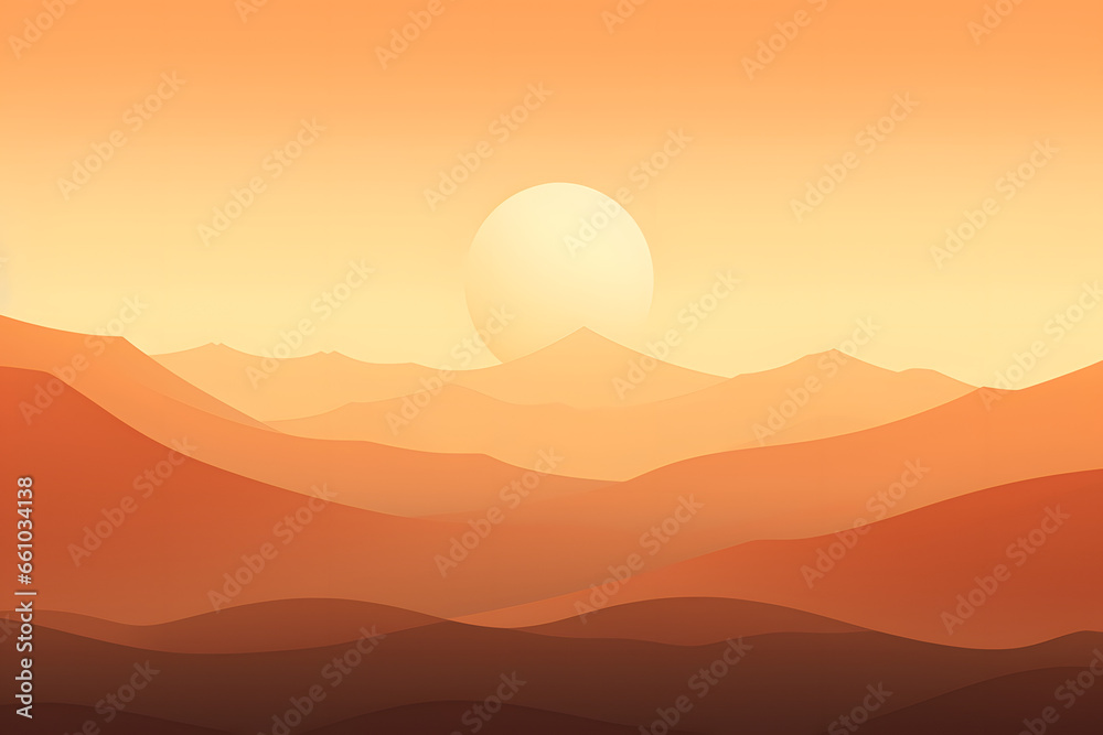Sun setting over layered orange and brown mountain ranges

