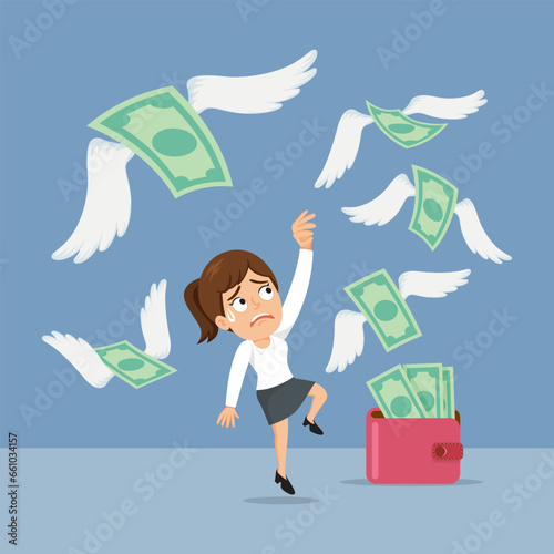 Businesswoman losing her money fly away, illustration, vector, cartoon, EPS 10. 