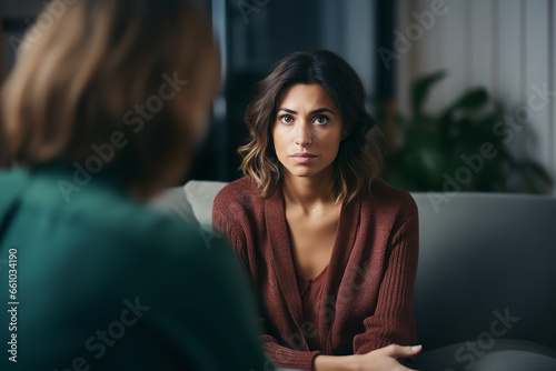 A mental health therapist sits across from a client, discussing the emotional and psychological impact of experiencing harassment