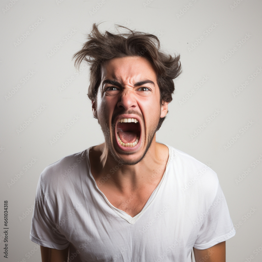 Young man posing in a white wall screaming Young man posing in a white wall screaming