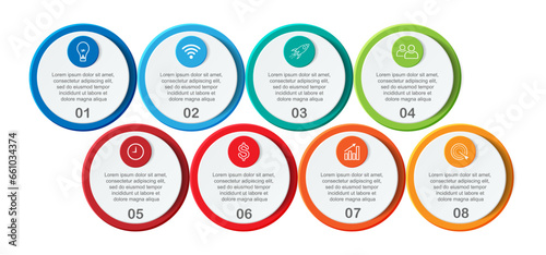 infographic template design, minimalist concept, interconnected circles with 8 steps, lines and colors in each step, good for your business presentation