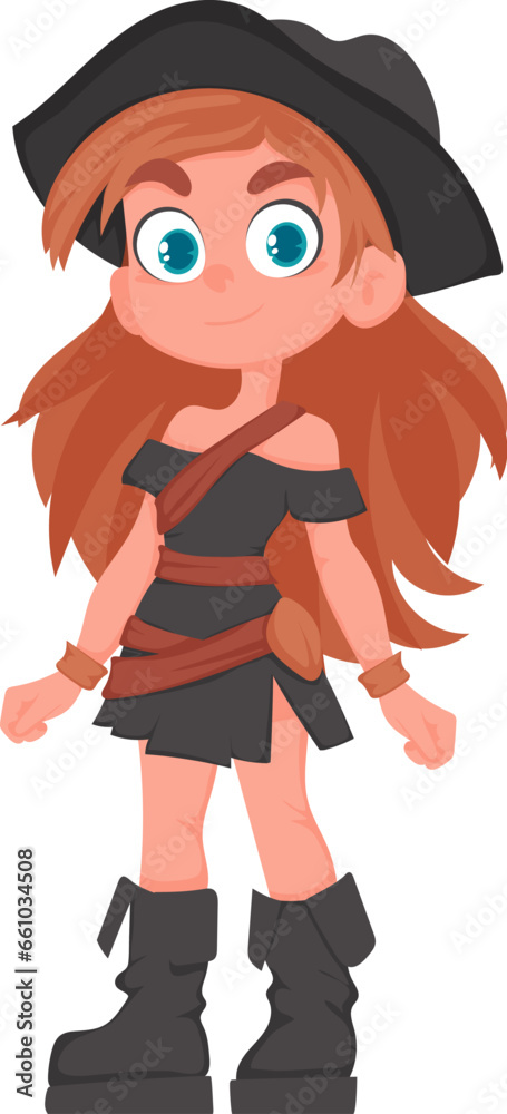 Funny and cute female pirate. Girl in a pirate costume. Cartoon style Funny and cute female pirate. Girl in a pirate costume. Cartoon style