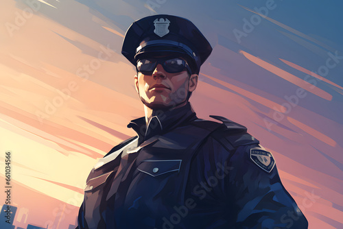 Animated police officer in uniform against a vivid sunset skyline © youriy
